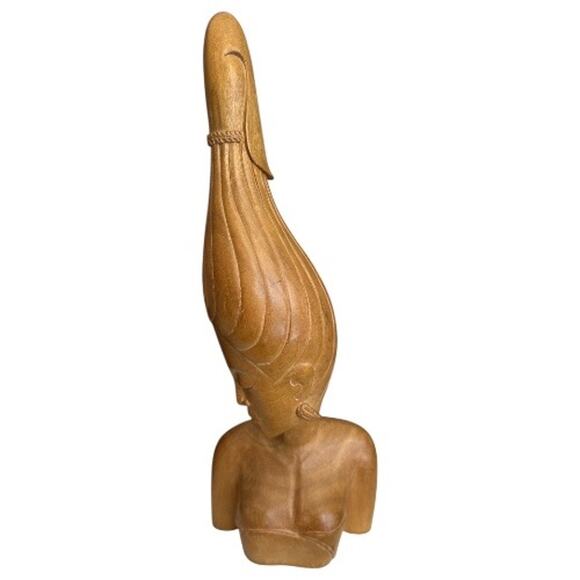 Southeast Island Solid Wood Hand Carved Woman Figure High Hair - Picture 1 of 10